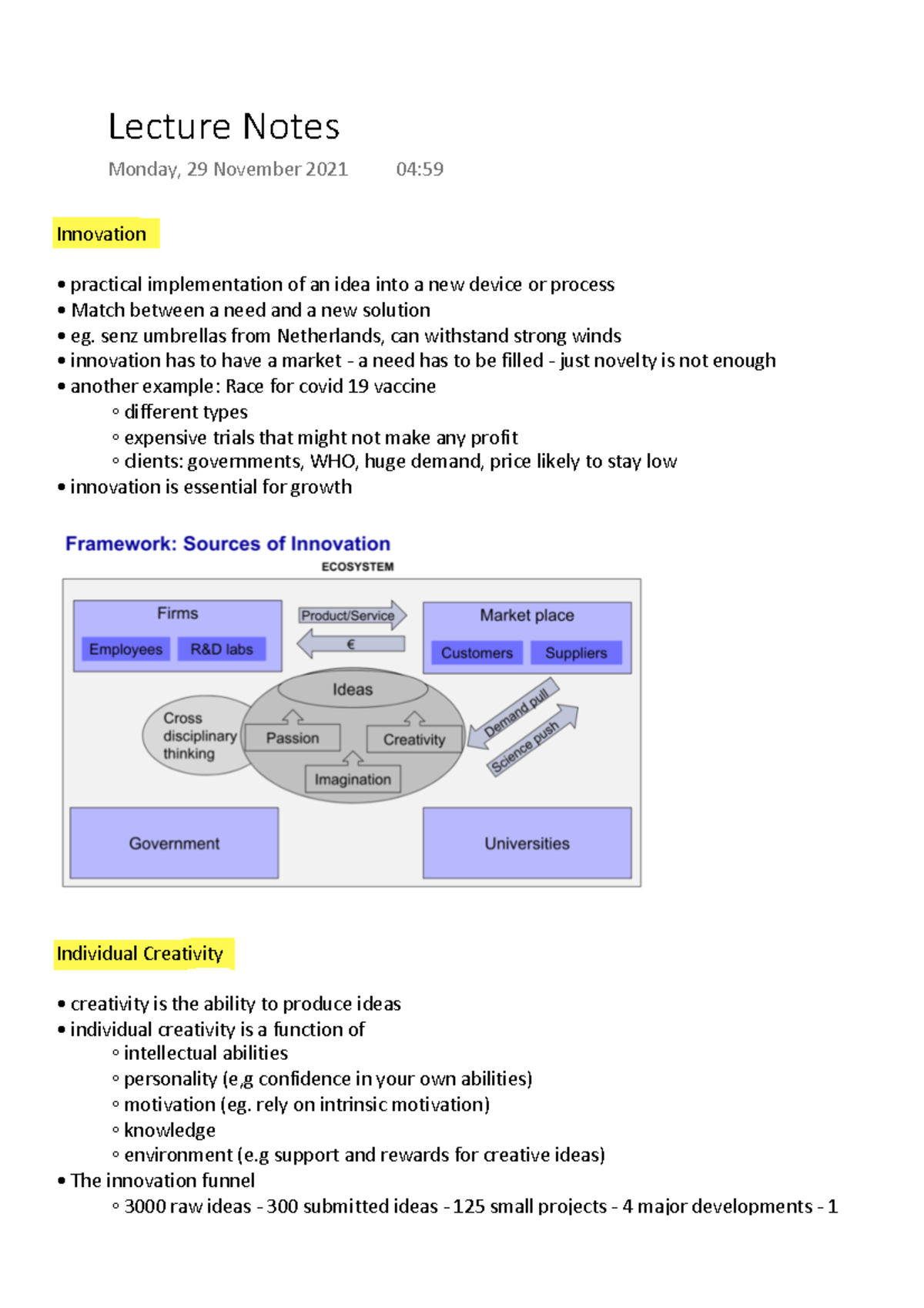 Technology and Innovation Management Full Notes - Lecture Notes Monday ...