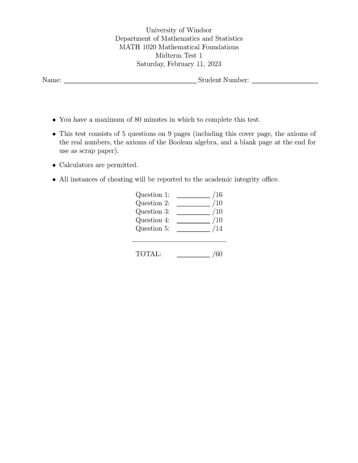 Test1W2023 Marking Scheme - University of Windsor Department of ...