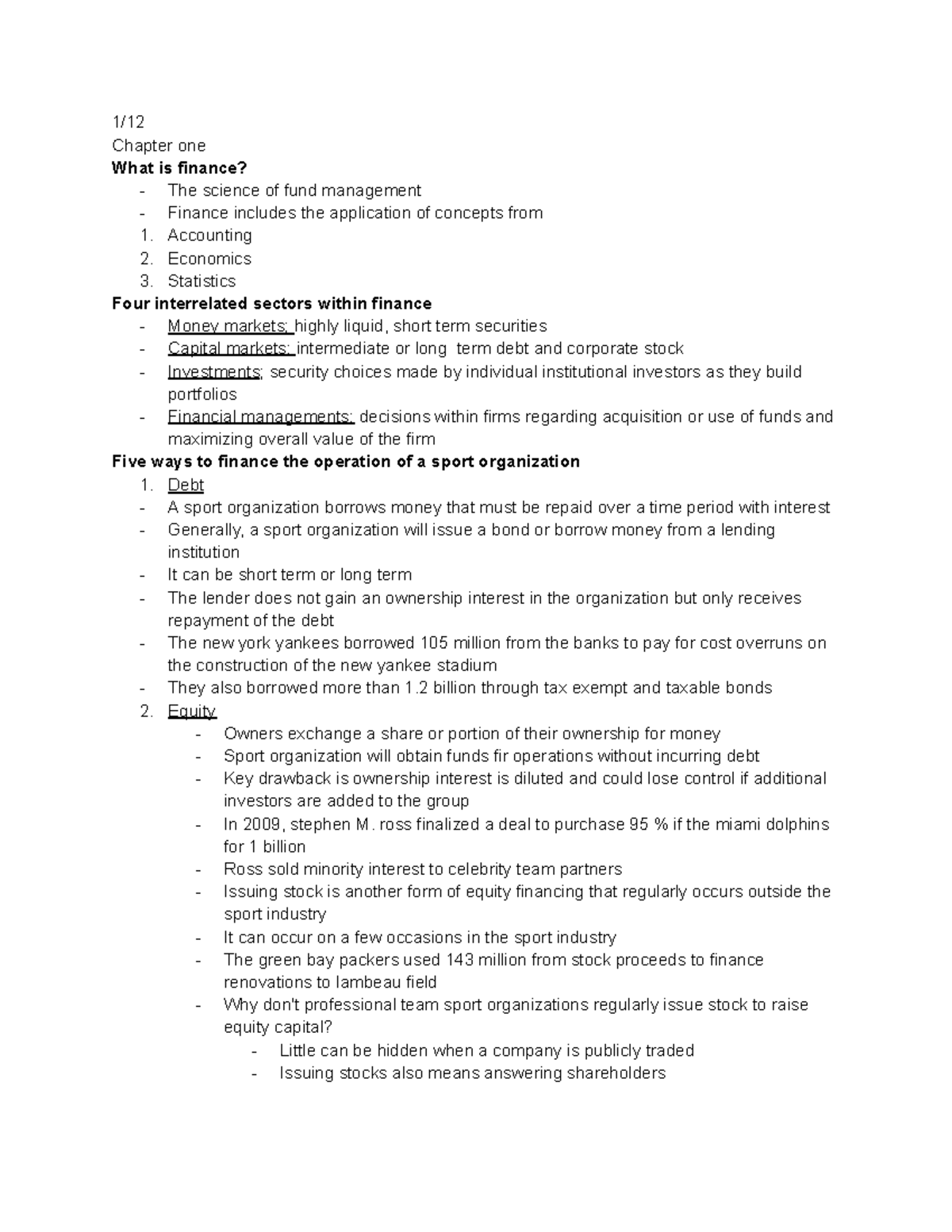 EXSS 324 sports finance - 1/ Chapter one What is finance? - The science ...