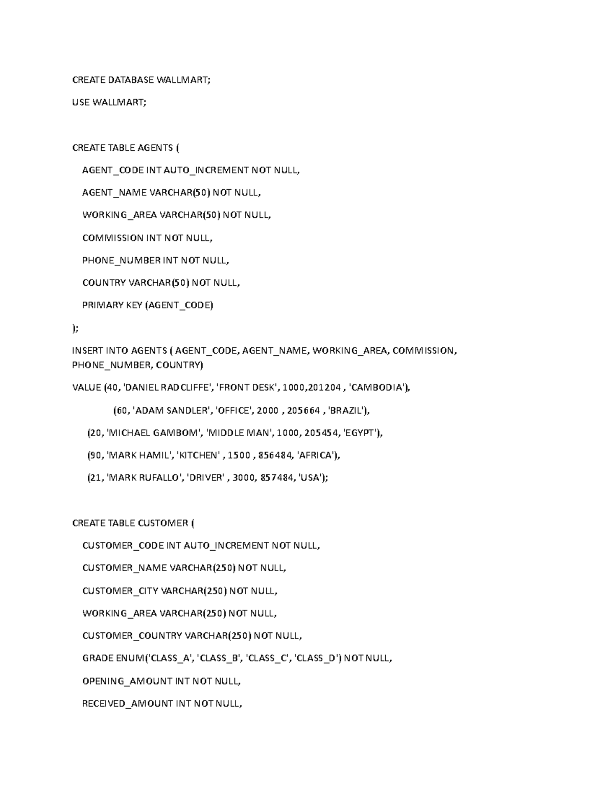 Code that will help you - CREATE DATABASE WALLMART; USE WALLMART ...