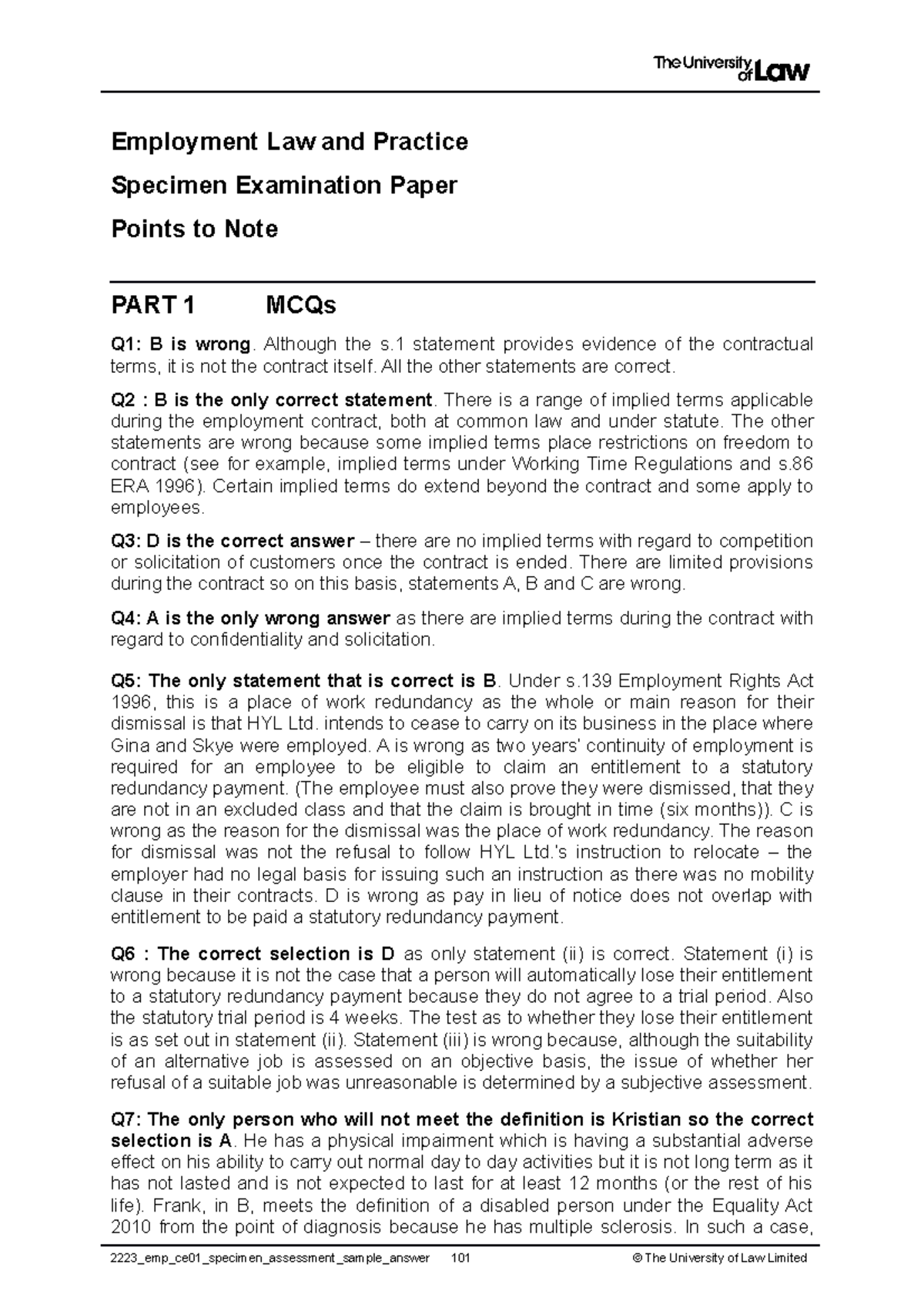 employment specimen assessment sample answer Employment Law and