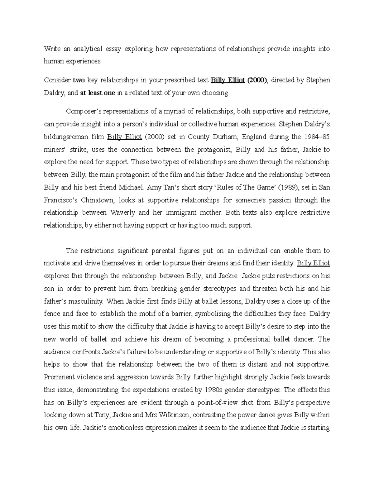 Billy elliot band 5 essay - Write an analytical essay exploring how ...