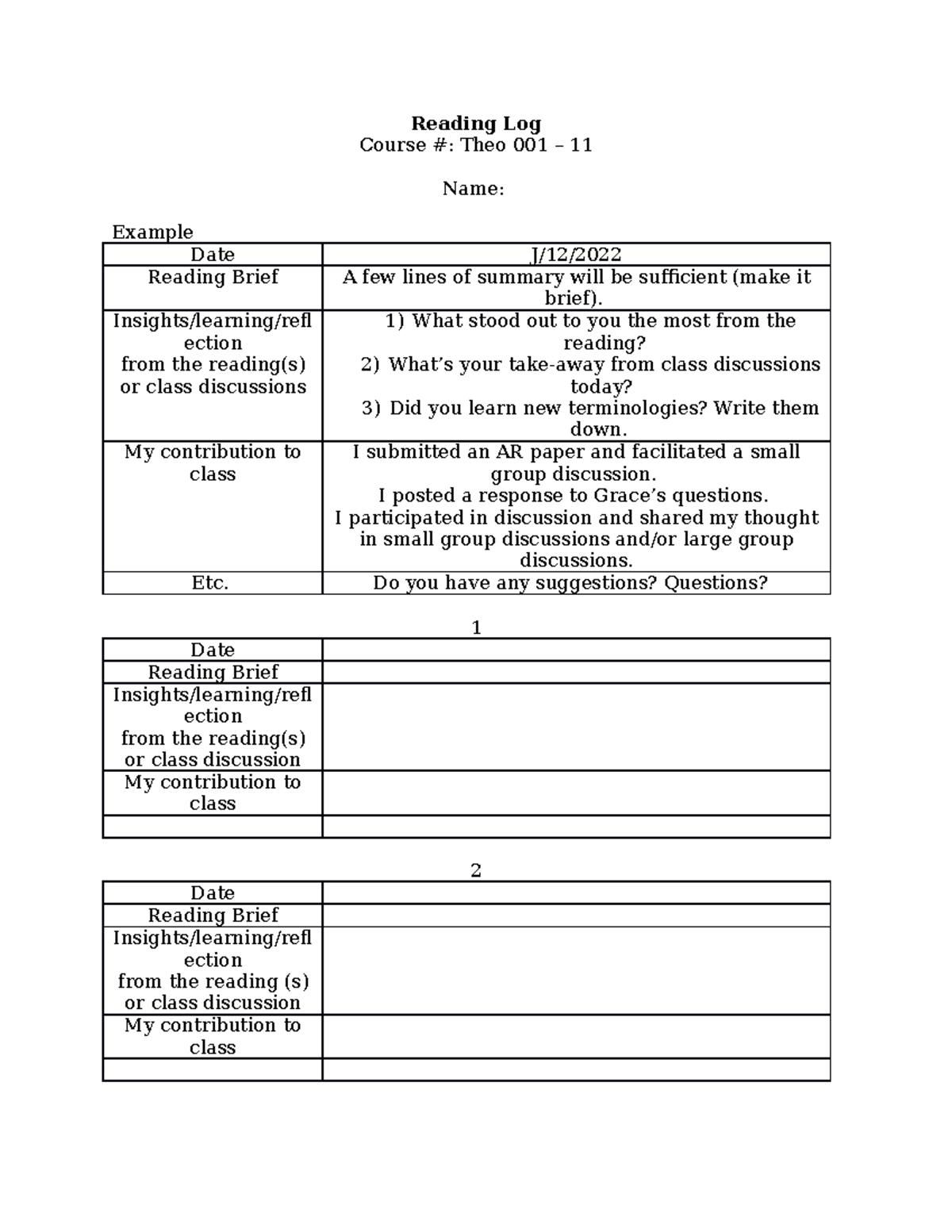 PoG 11 learning log - Prof. was Min-Ah Cho - Reading Log Course #: Theo ...