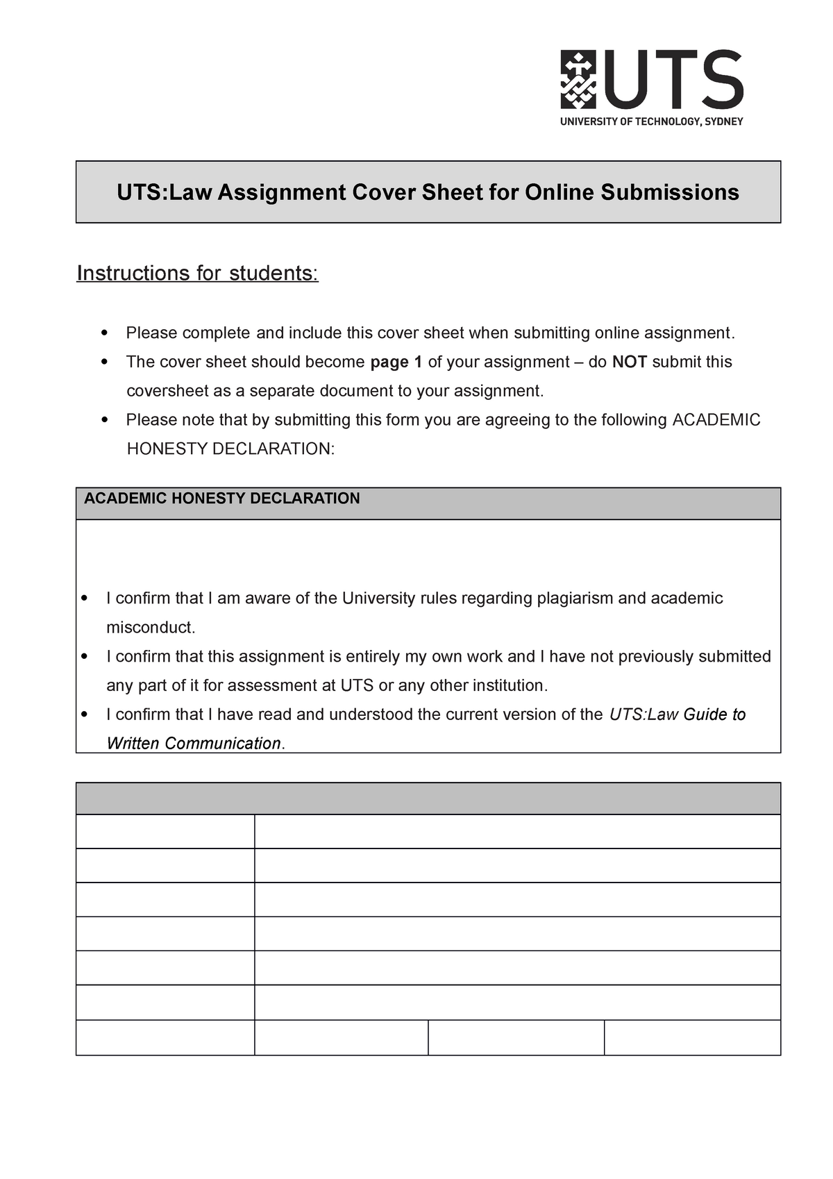 uts online assignment cover sheet