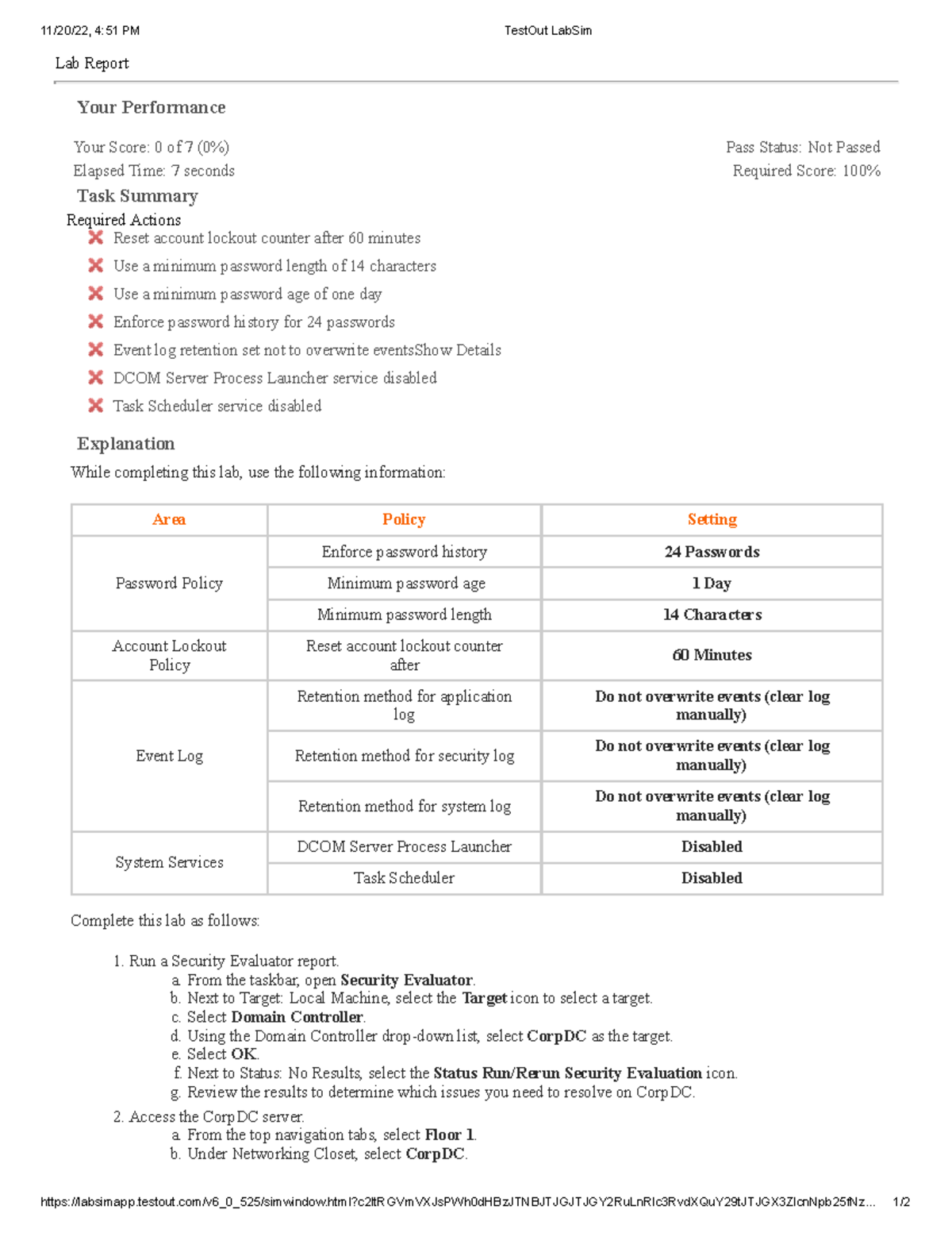 Windows Password settings labsim 11/20/22, 451 PM TestOut LabSim