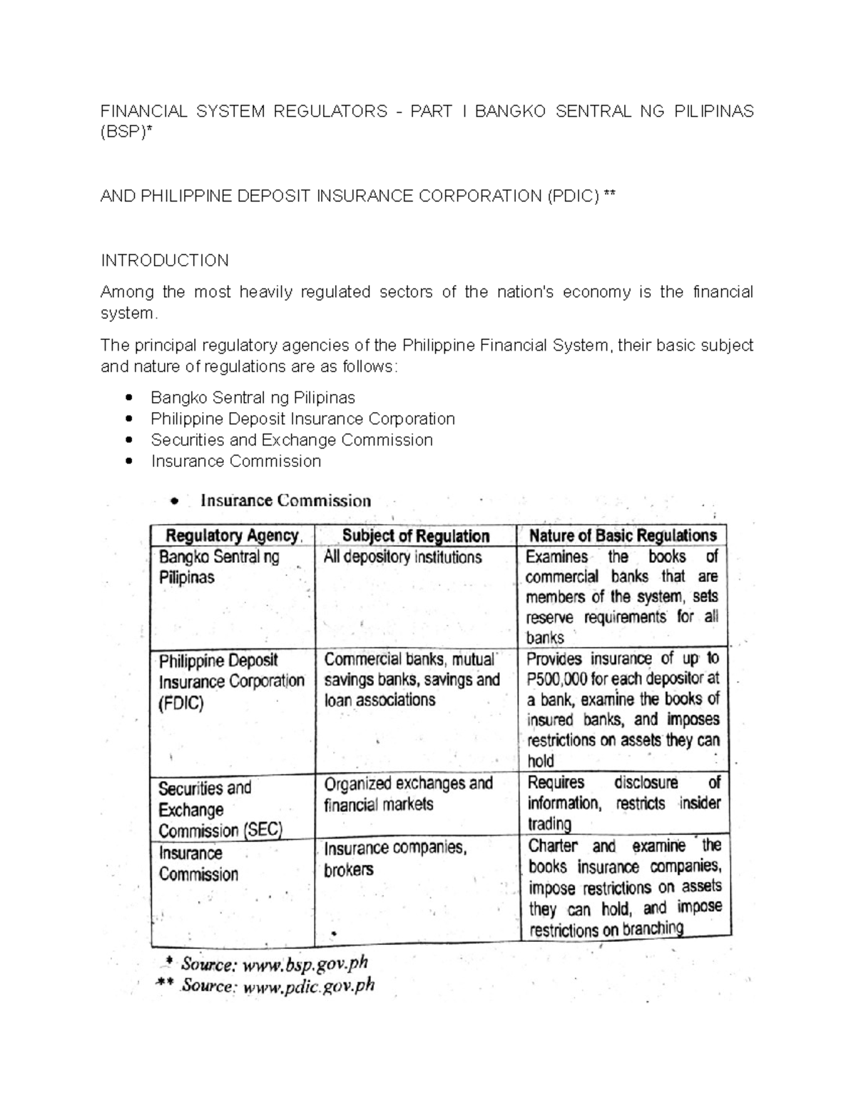 BSP and PDIC Lecture notes FINANCIAL SYSTEM REGULATORS PART I