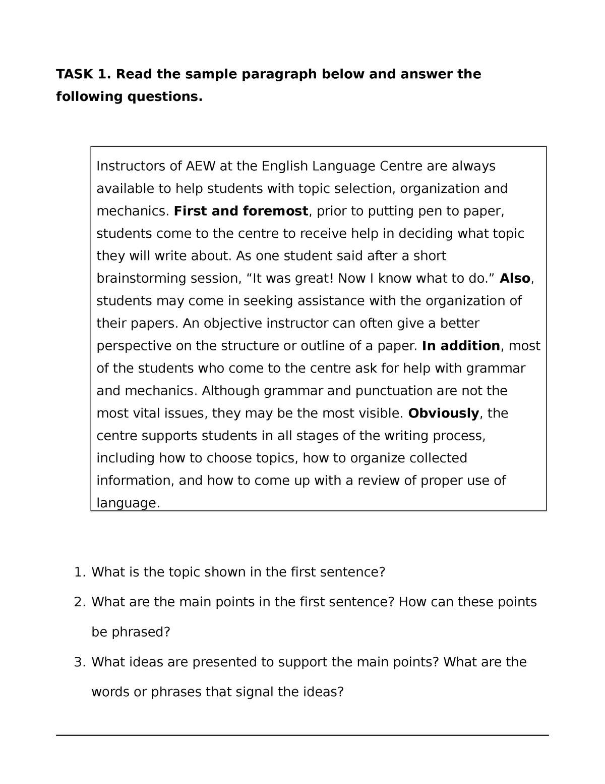 Ielts 4.5 TASK 2 Lesson 1-Paragraph - TASK 1. Read the sample paragraph ...