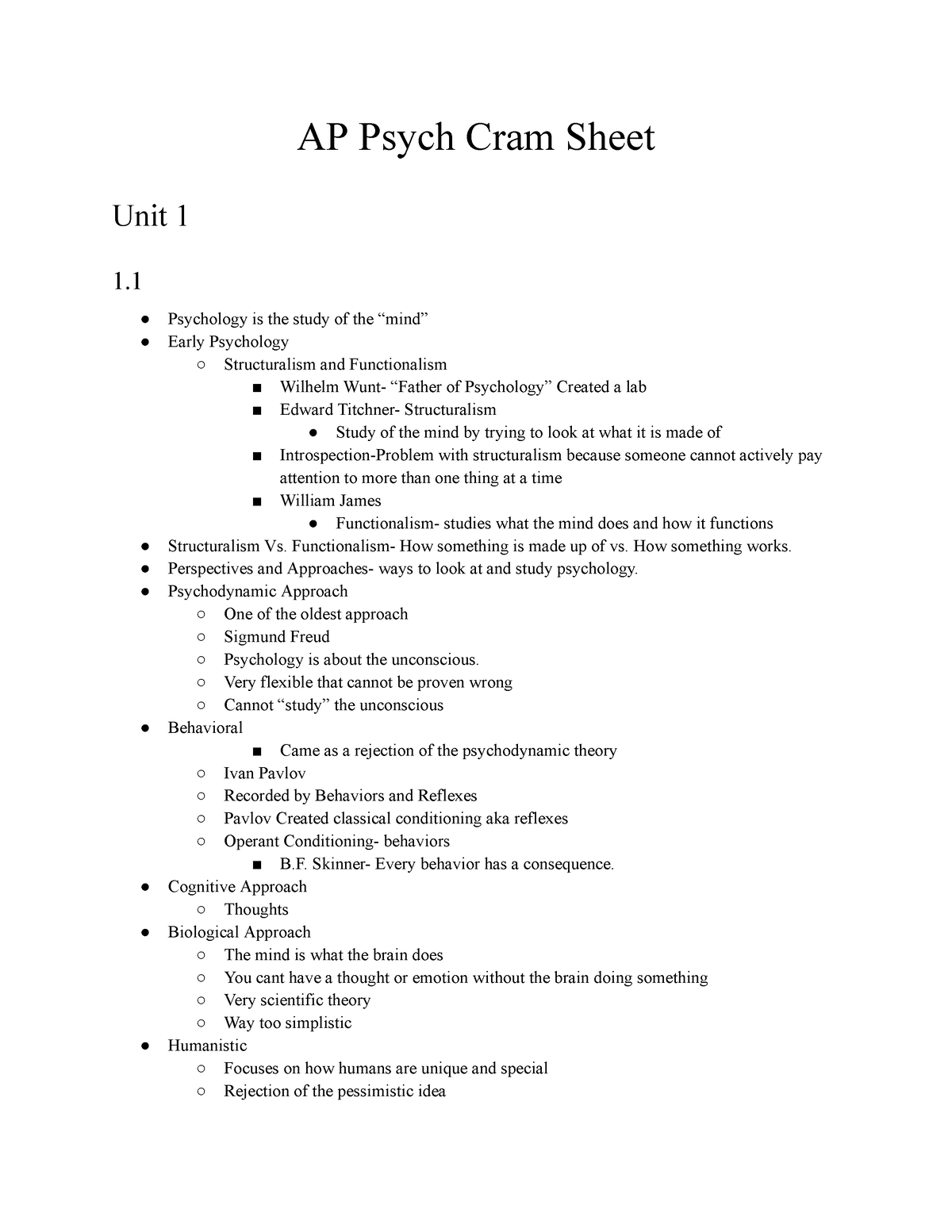 AP Psych Exam Cram Sheet AP Psych Cram Sheet Unit 1 1. Psychology is