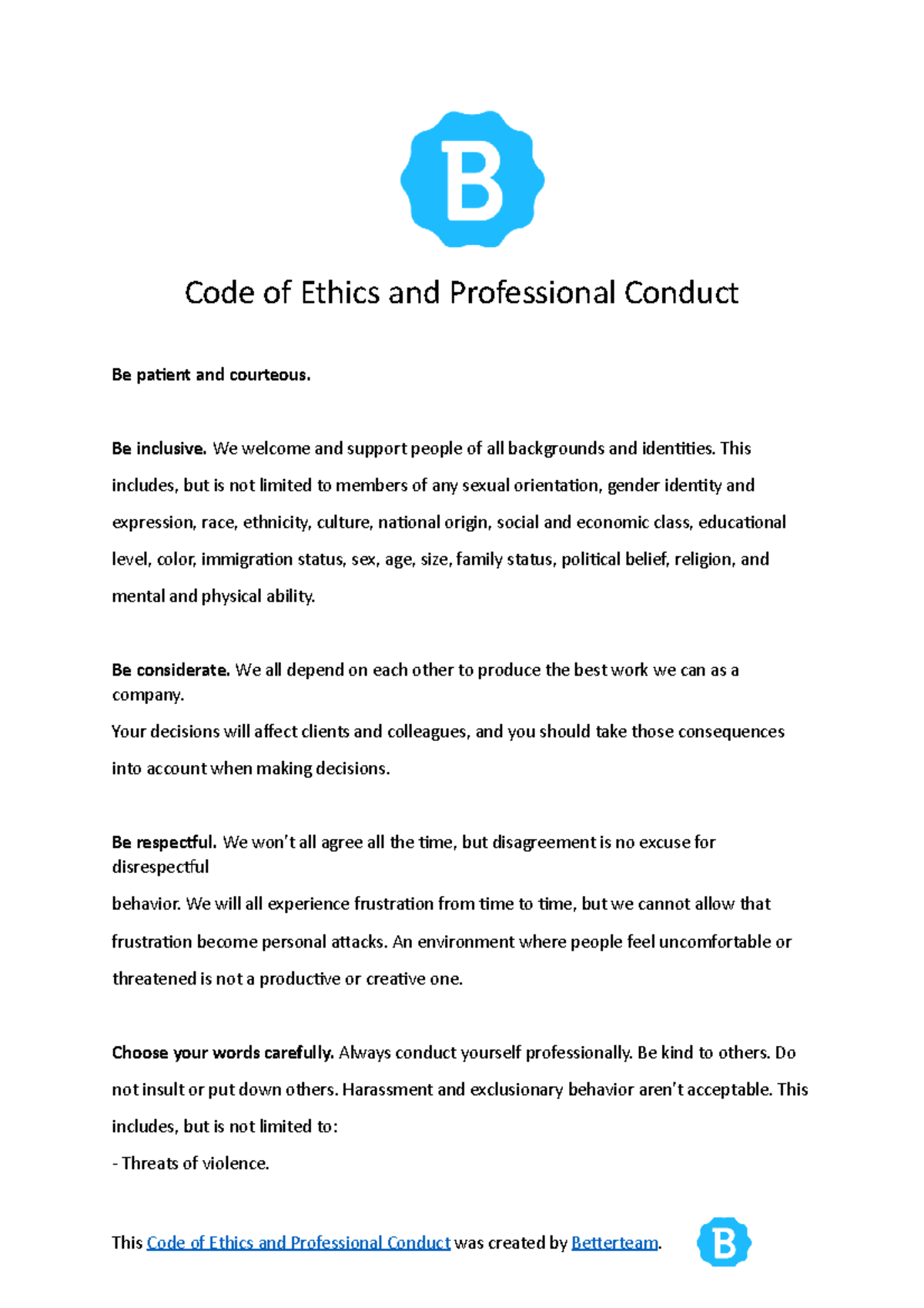 Code of Ethics and Professional Conduct Template Download 202011 20