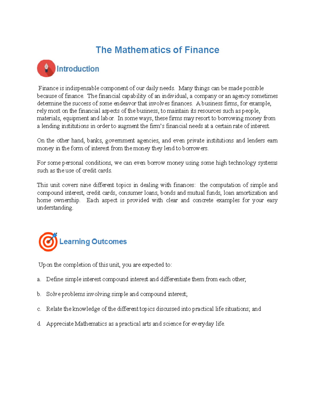 Lesson 4 Finals IN MMW - Lecture notes 1 - The Mathematics of Finance Finance is indispensable ...