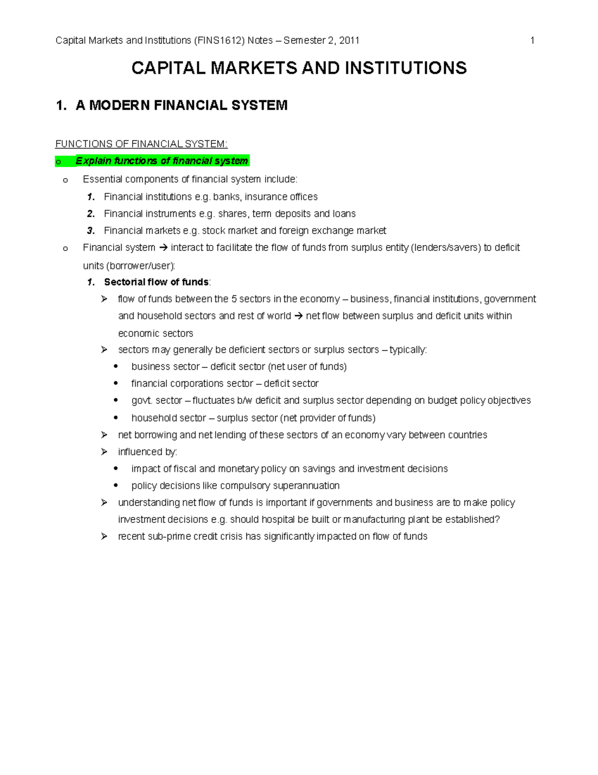 Capital Markets and Institutions Notes - Capital Markets and ...