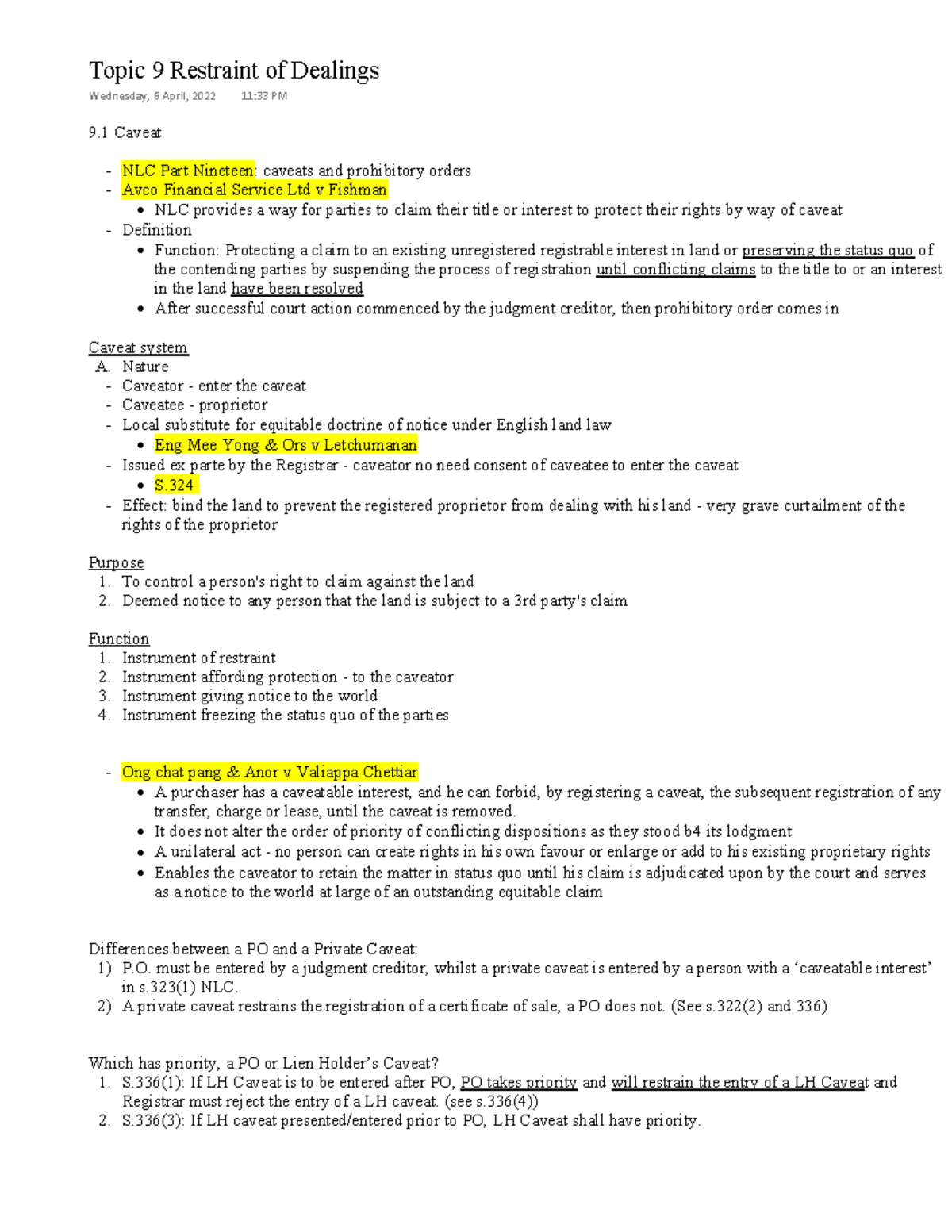 Topic 9 Notes - Restraint Of Dealings - 9 Caveat NLC Part Nineteen ...