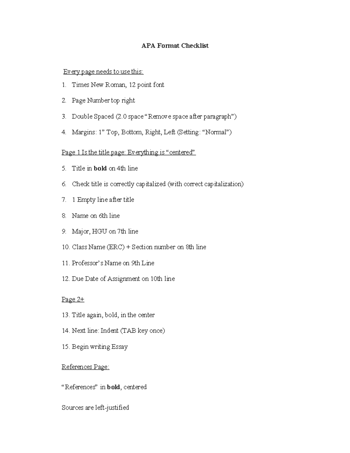 APA Format Checklist - APA Format Checklist Every page needs to use ...