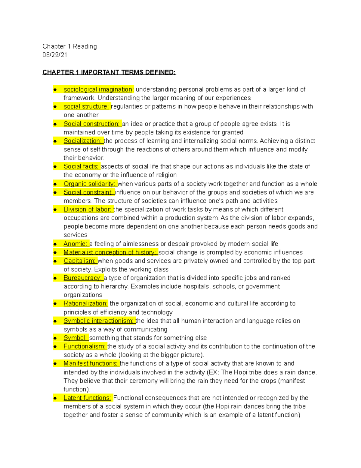 Sociology Chapter Reading Notes - Chapter 1 Reading 08/29/ CHAPTER 1 ...
