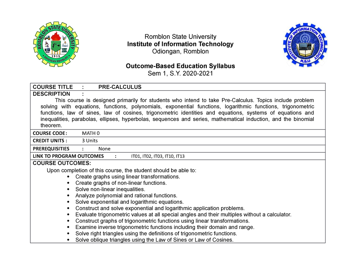 Syllabus In Pre Calculus - Romblon State University Institute Of ...