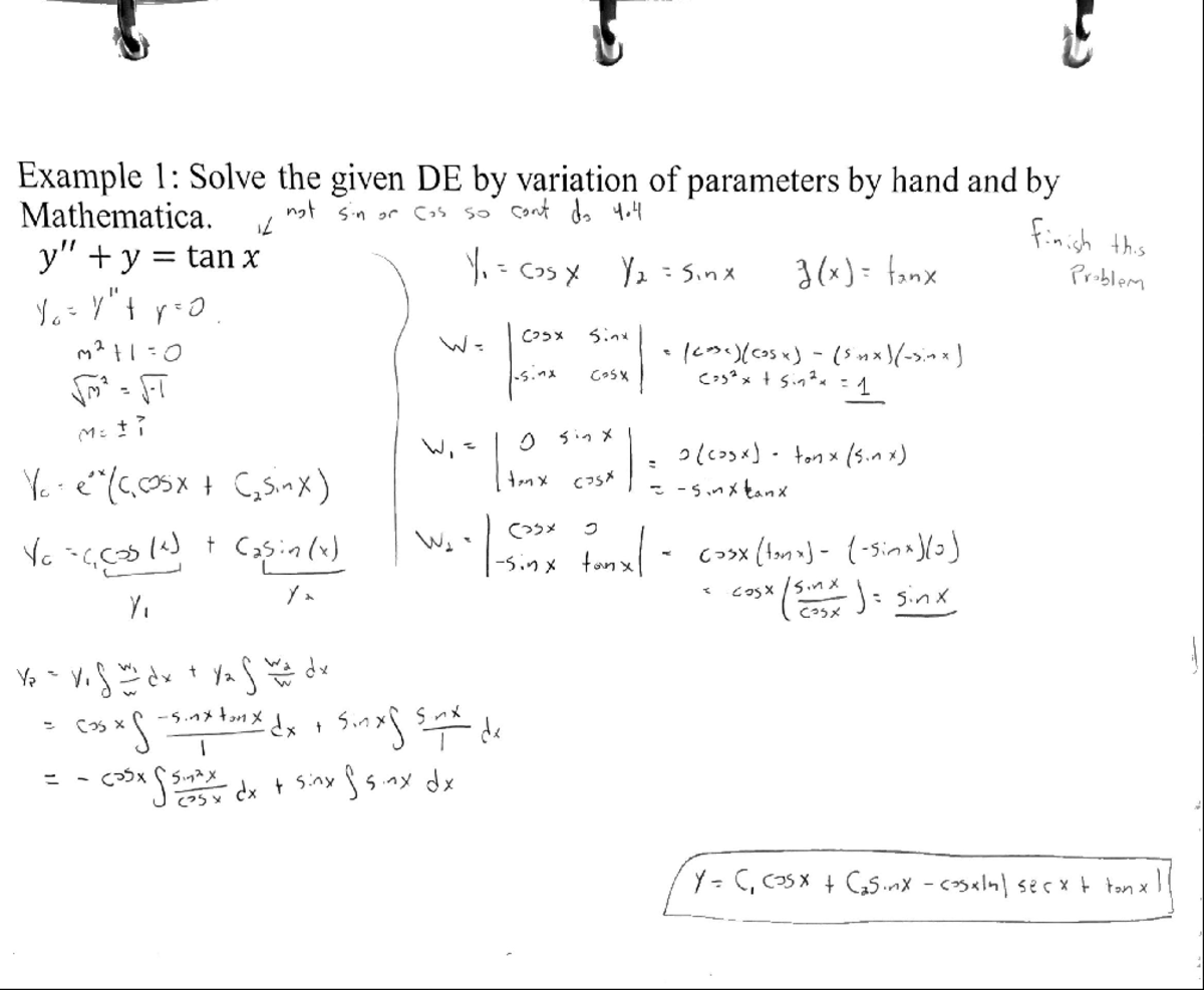 4.6 Variation of parameters b Example 1 Solve the given DE by