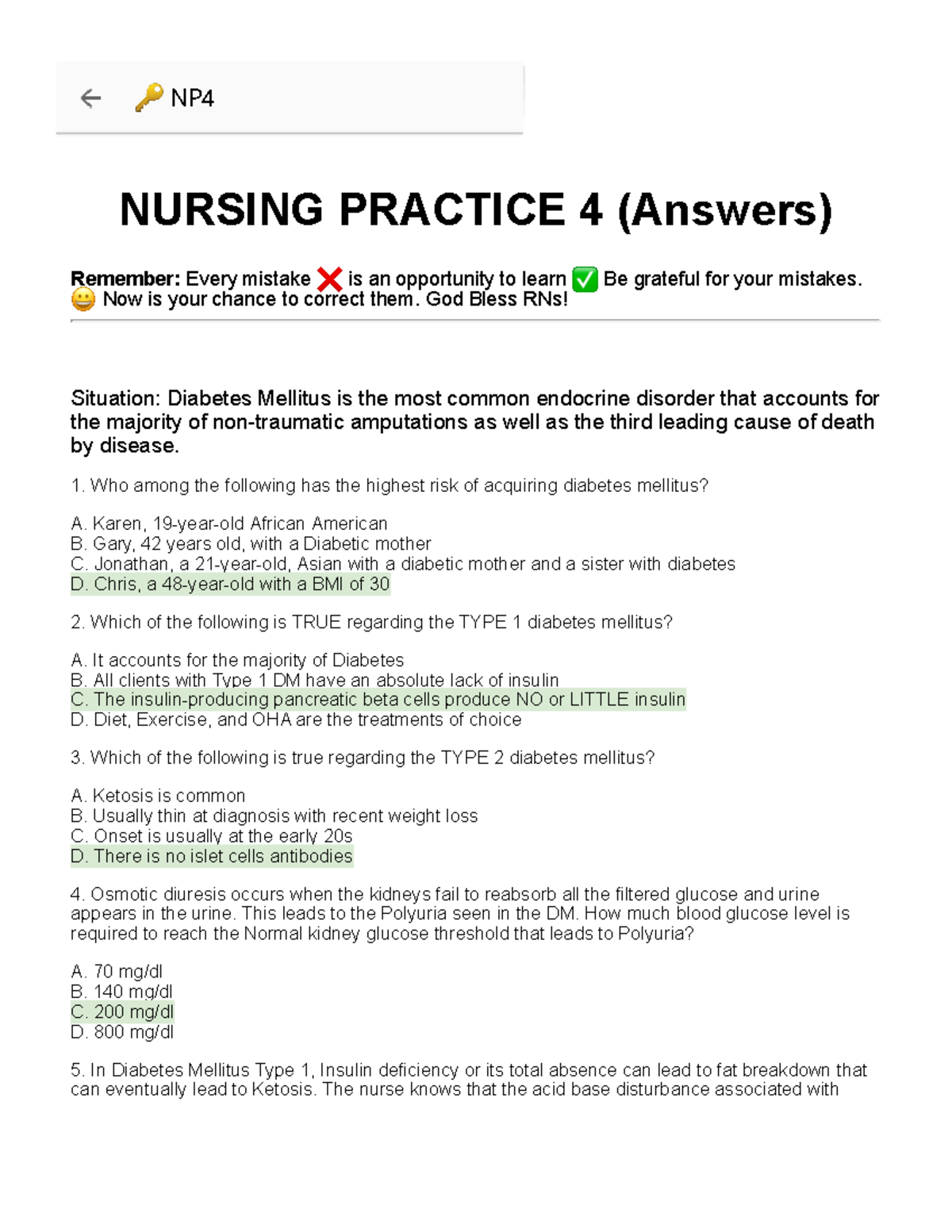 NP4 - NURSING PRACTICE 4 (Answers) Remember: Every mistake is an ...