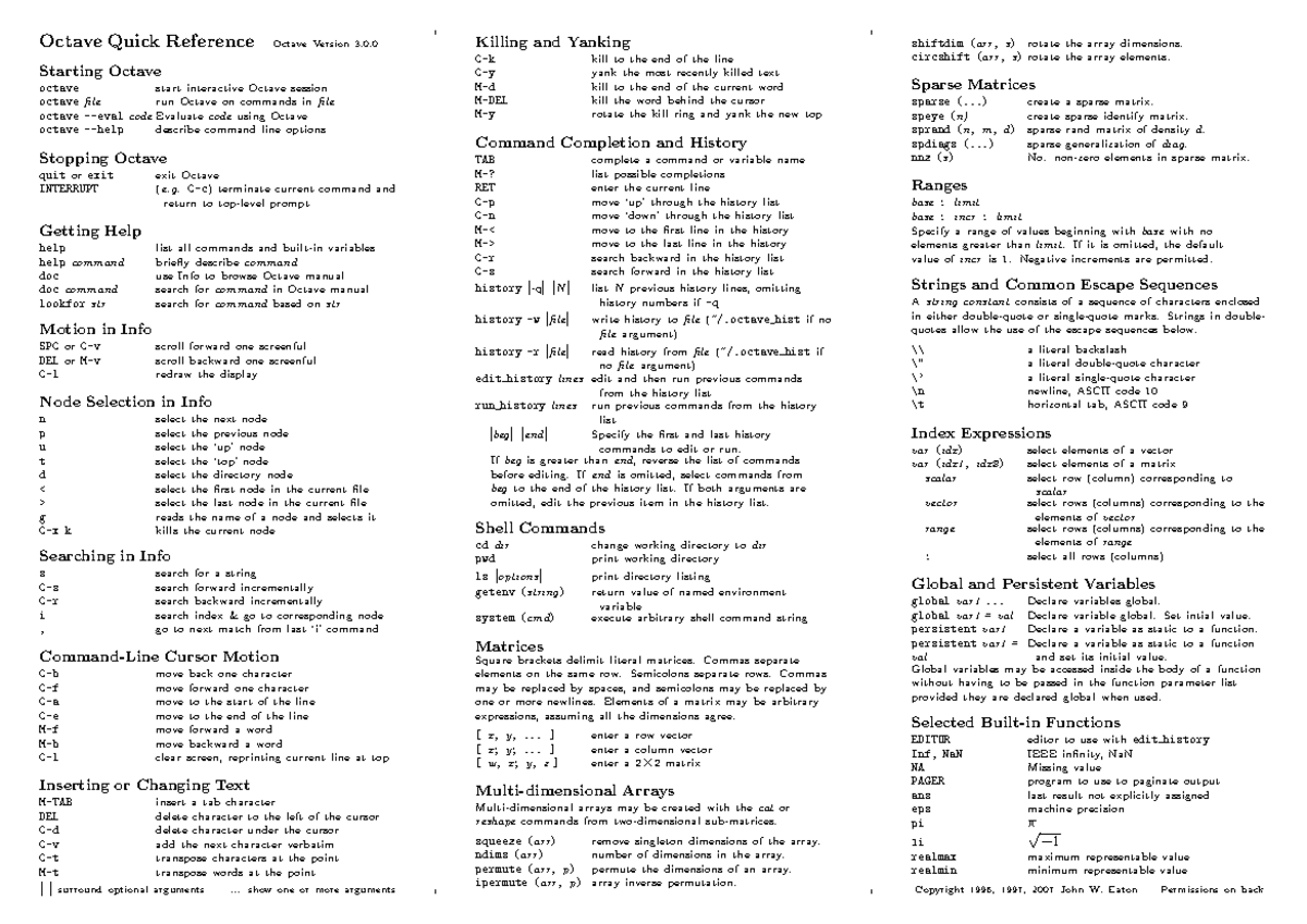 Octave cheat sheet - Octave Quick Reference Octave Version 3. Starting ...