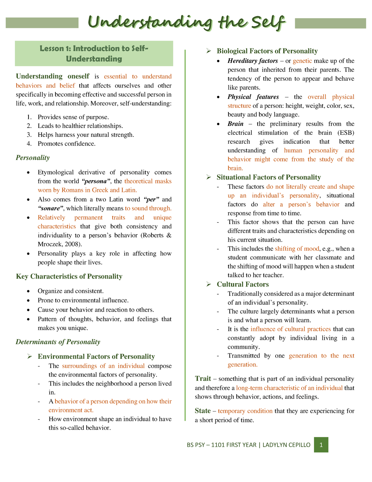 UTS Midterm Reviewer - BSPSY 1101 - Understanding The Self ...