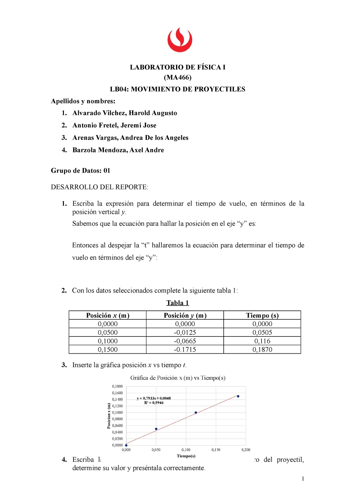 Reporte Del Laboratorio Lb04 Mov Proyectil De Física I Grupo 01