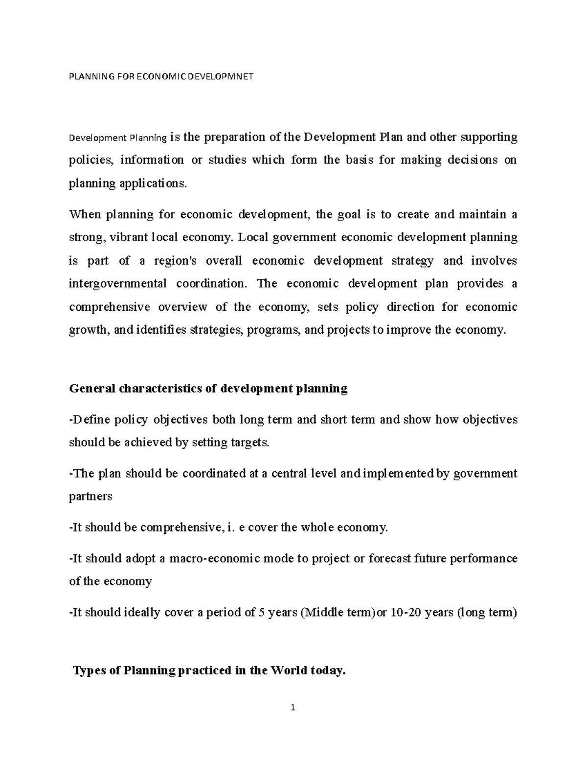 Economic Developmnet Notes-Bed 1109 on Development - PLANNING FOR ...