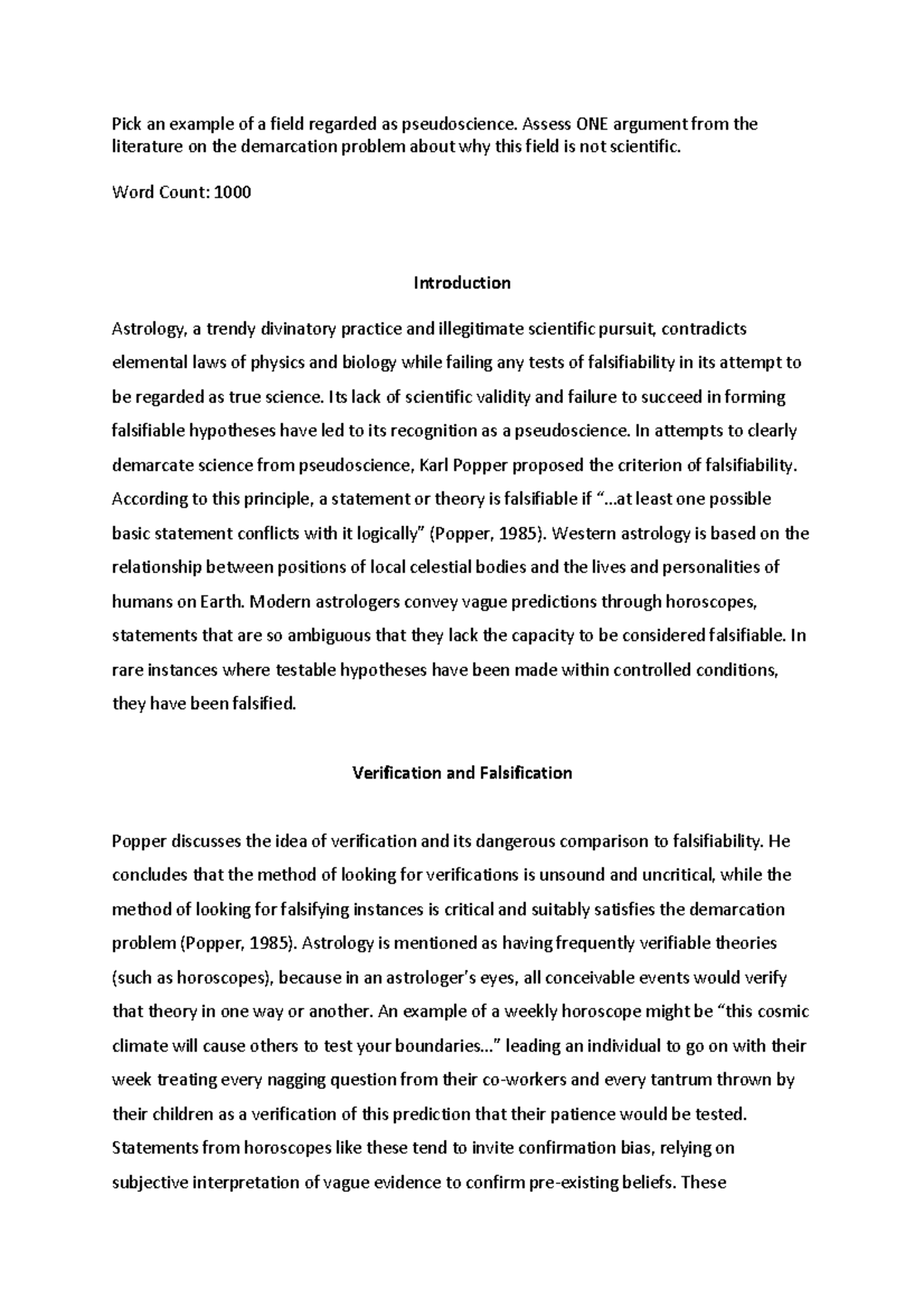 Essay 1 HPSC1001 - Pick an example of a field regarded as pseudoscience ...