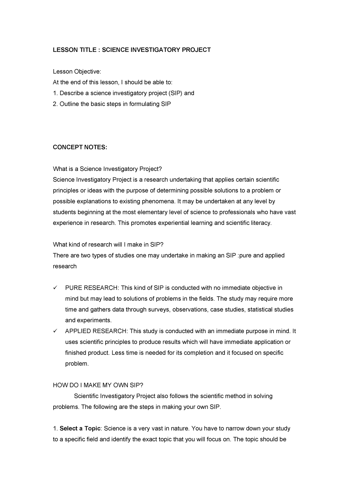 Science Investigatory Project LESSON TITLE SCIENCE INVESTIGATORY 