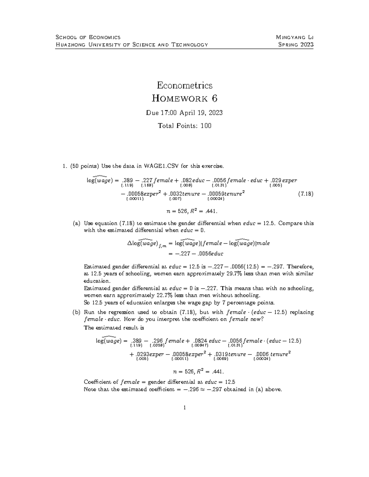 HW 6 key - Homework - School of Economics Huazhong University of ...