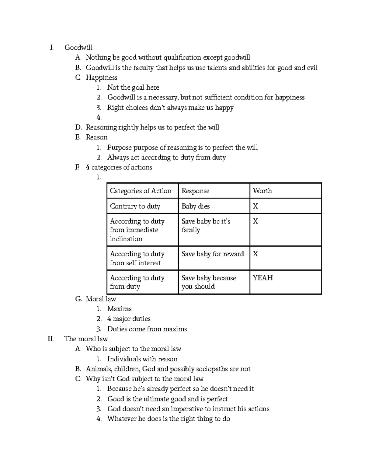 Kant - Lecture notes 8-11 - I. Goodwill A. Nothing be good without ...