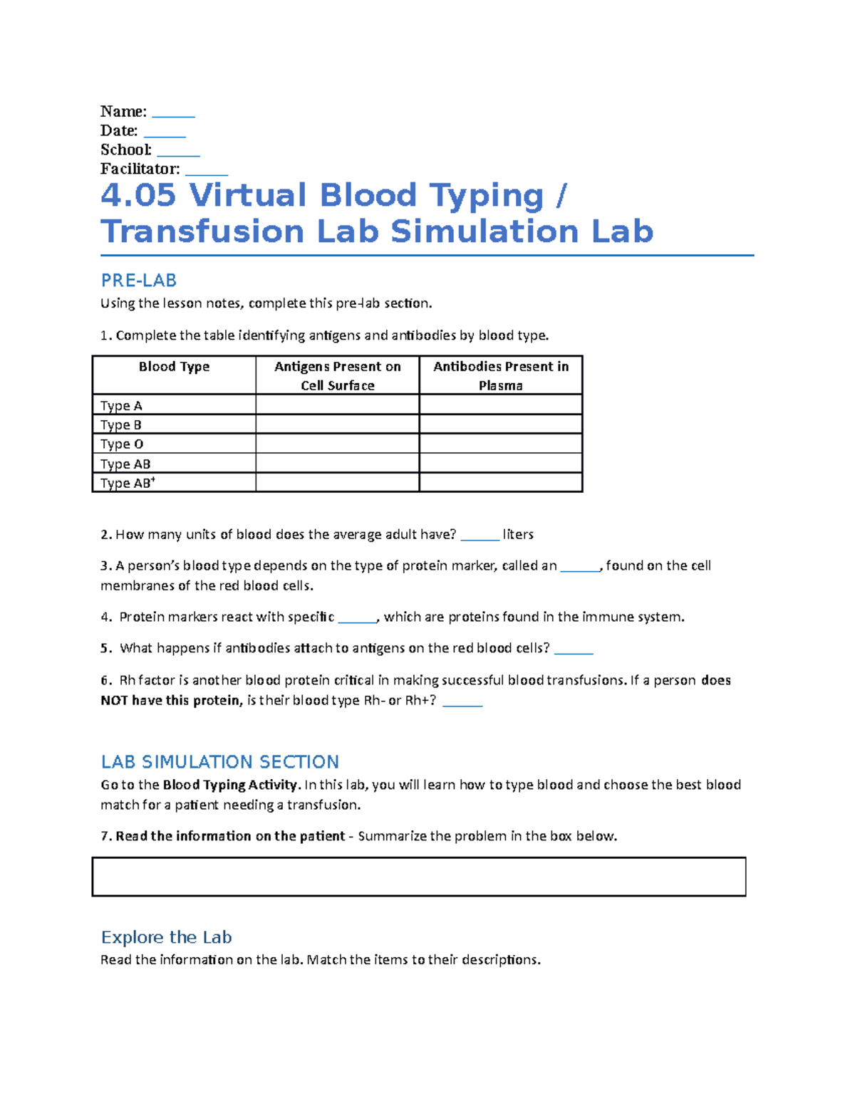 Human Anatomy Blood Typing Lab worksheet Name Date School