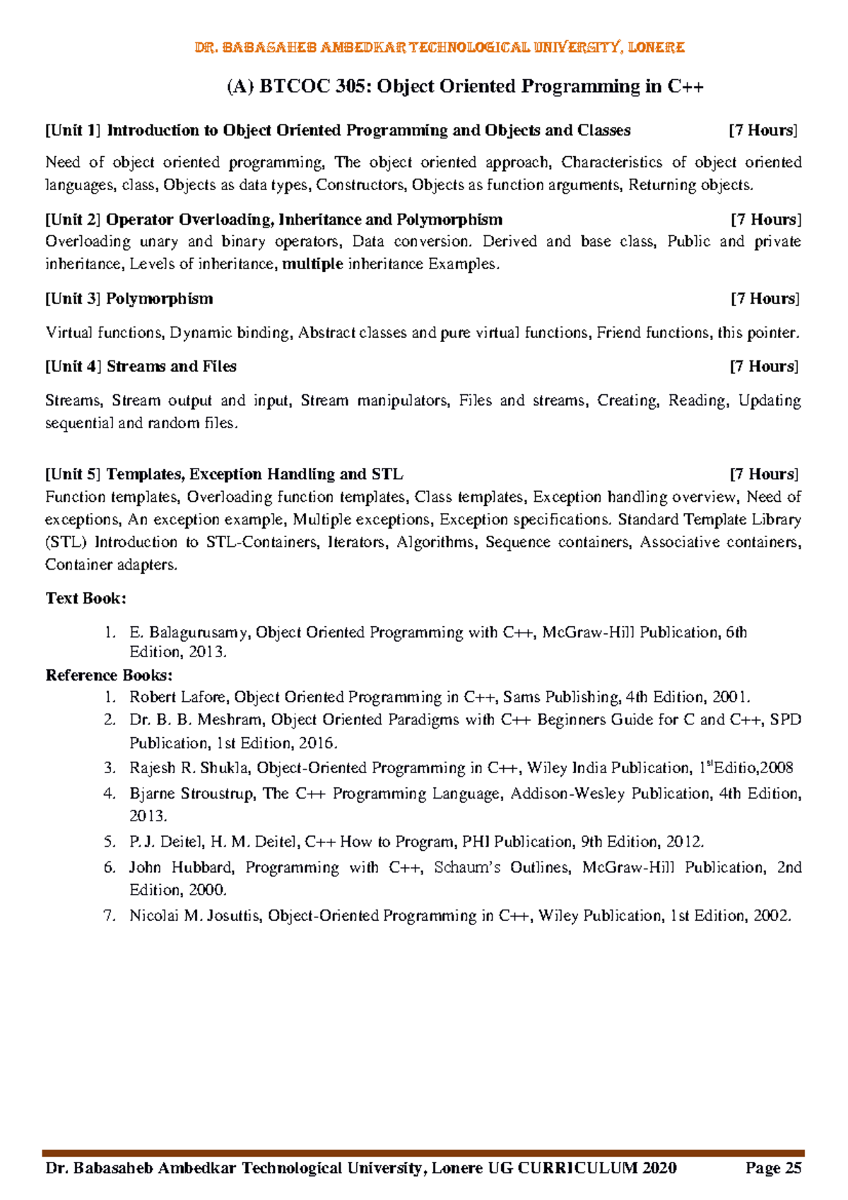 Syllabus copy OOP IN C++ - DR. BABASAHEB AMBEDKAR TECHNOLOGICAL ...