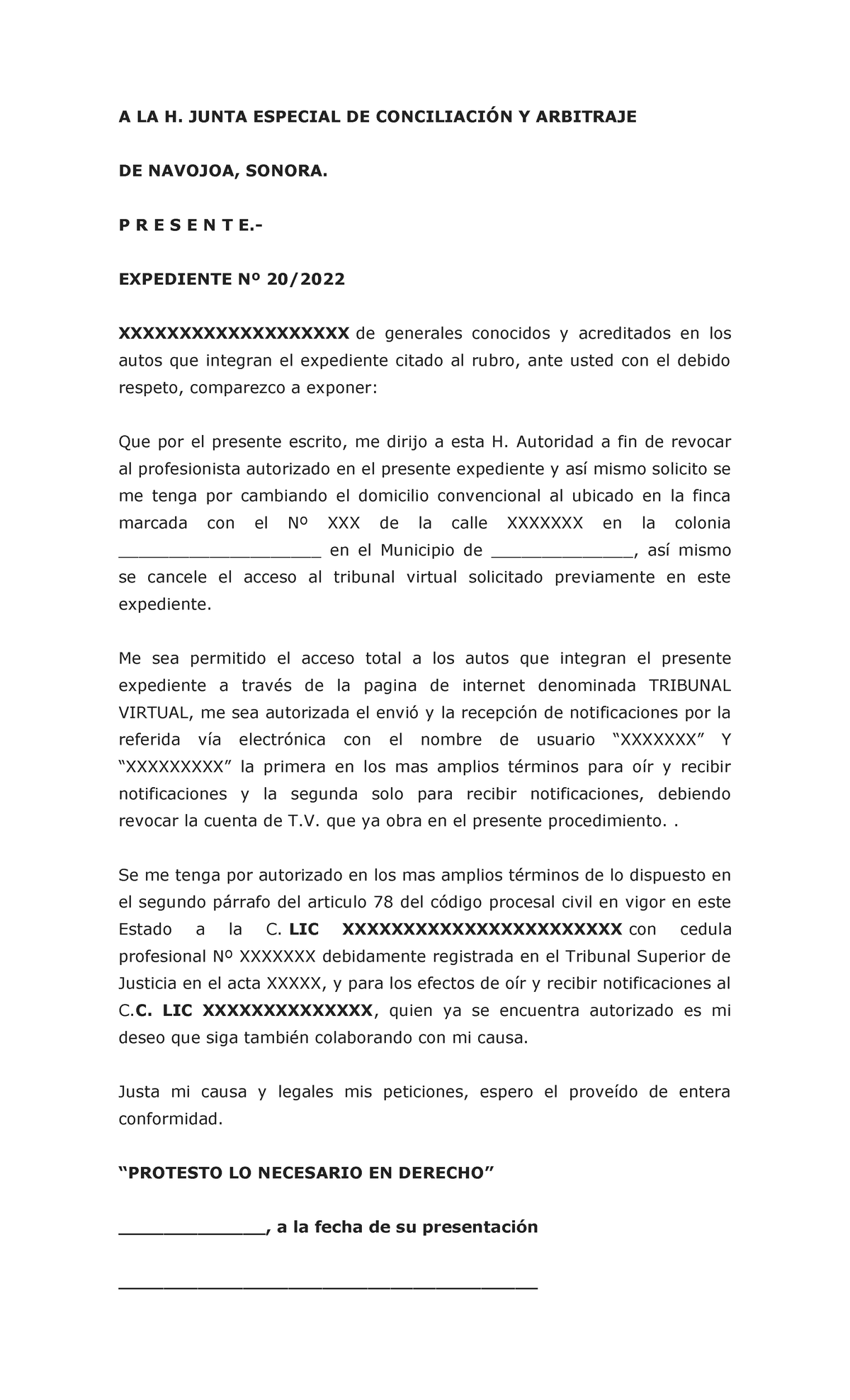 Revocación DE Abogado - A LA H. JUNTA ESPECIAL DE CONCILIACIÓN Y ARBITRAJE  DE NAVOJOA, SONORA. P R E - Studocu