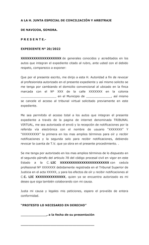 Revocación DE Abogado - A LA H. JUNTA ESPECIAL DE CONCILIACIÓN Y ARBITRAJE  DE NAVOJOA, SONORA. P R E - Studocu