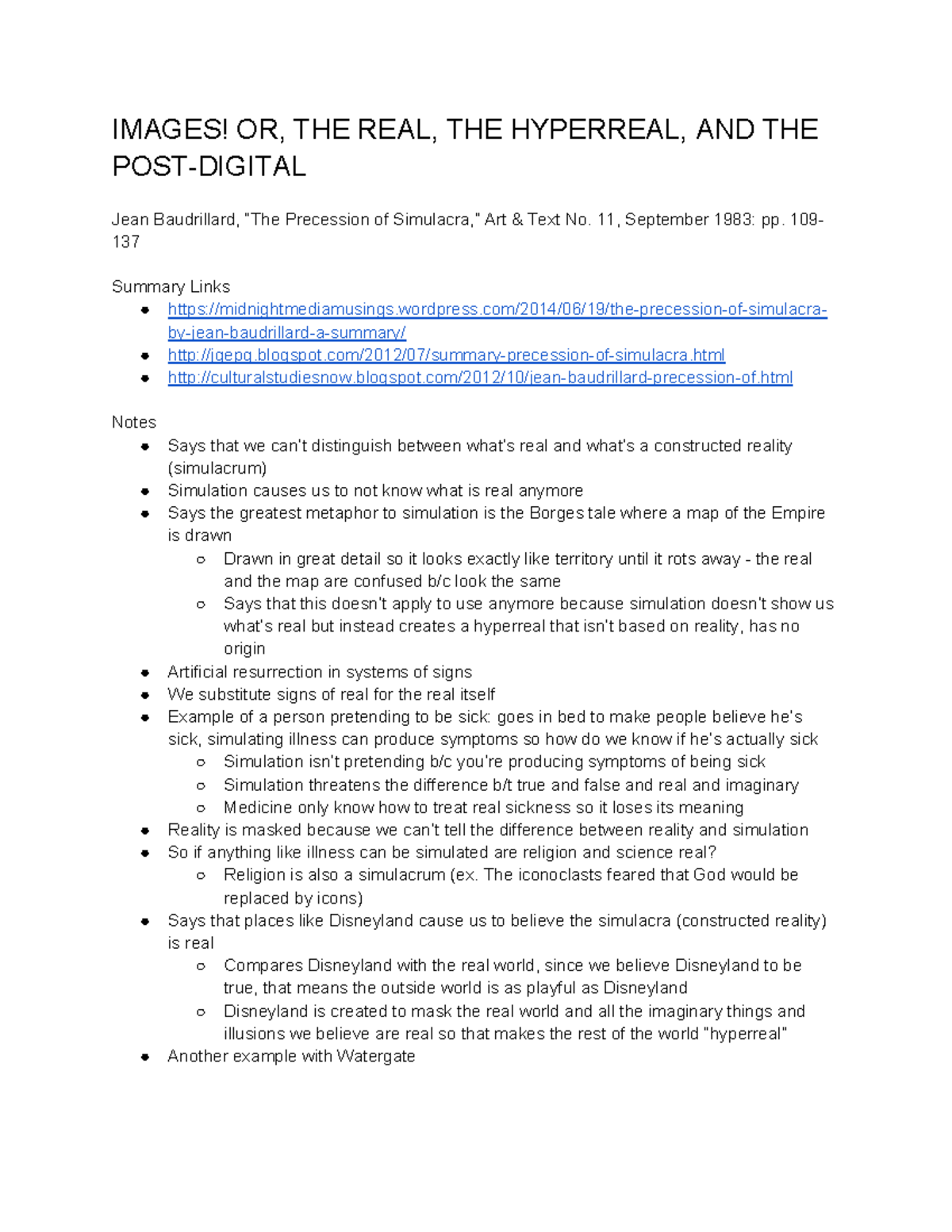 Week 11 Images - Reading Notes - IMAGES! OR, THE REAL, THE HYPERREAL ...
