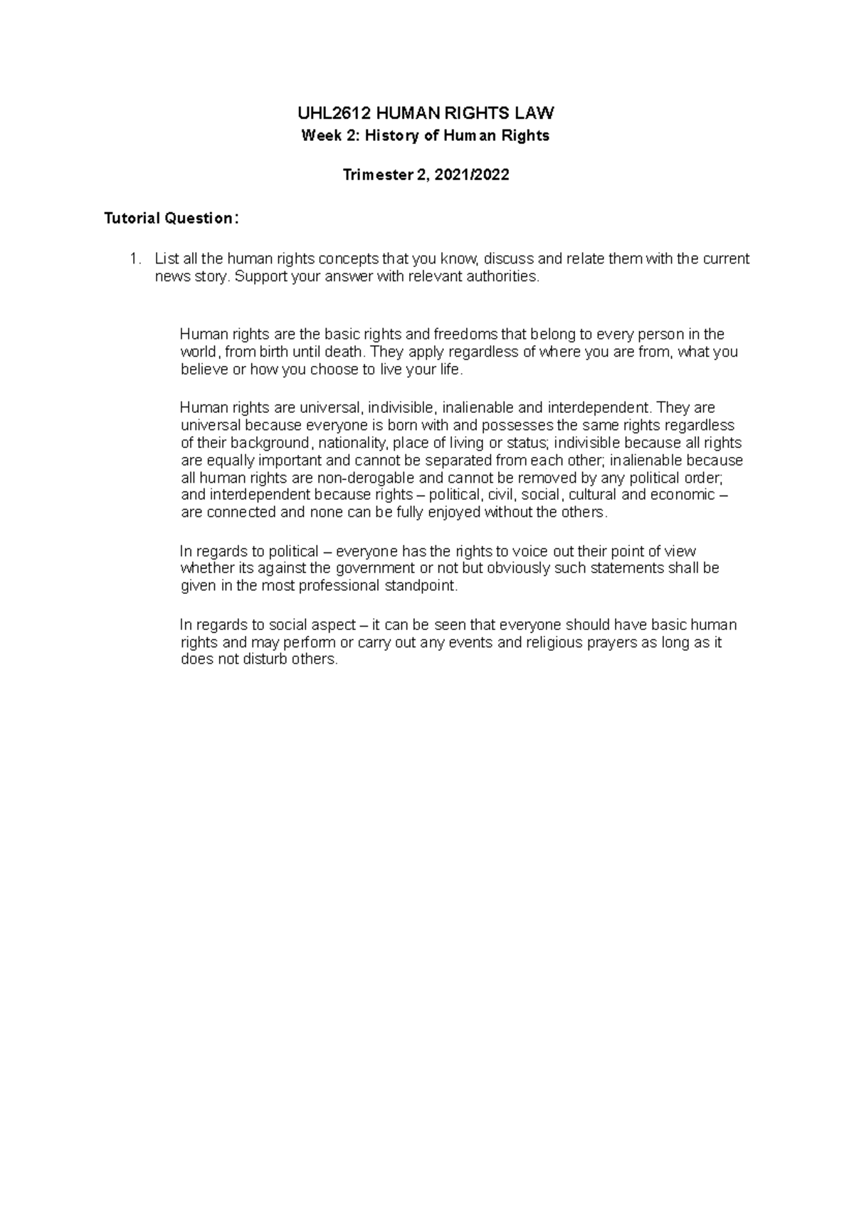 Tutorial 1 Week 2 - UHL2612 HUMAN RIGHTS LAW Week 2: History of Human ...