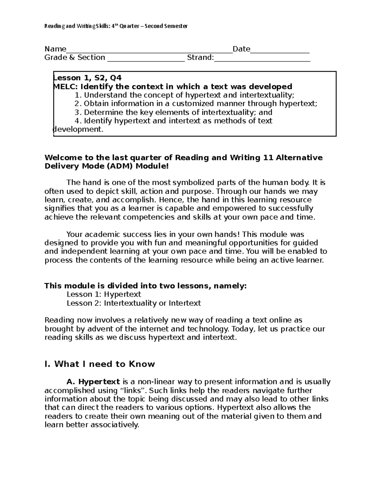 Reading and Writing Module S2 Q4 BS Computer Engineering Studocu