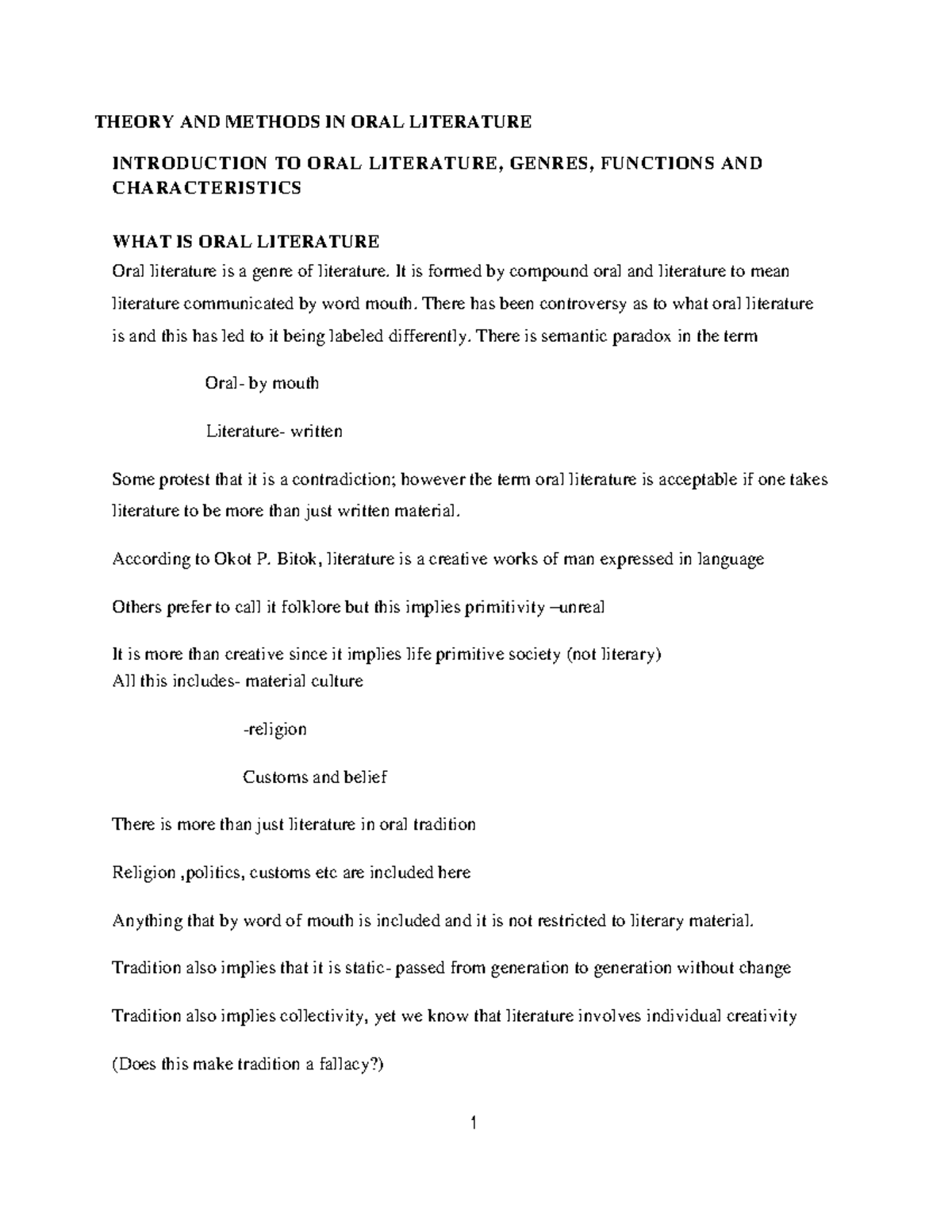 4311 theory and methods in oral literature THEORY AND METHODS IN ORAL