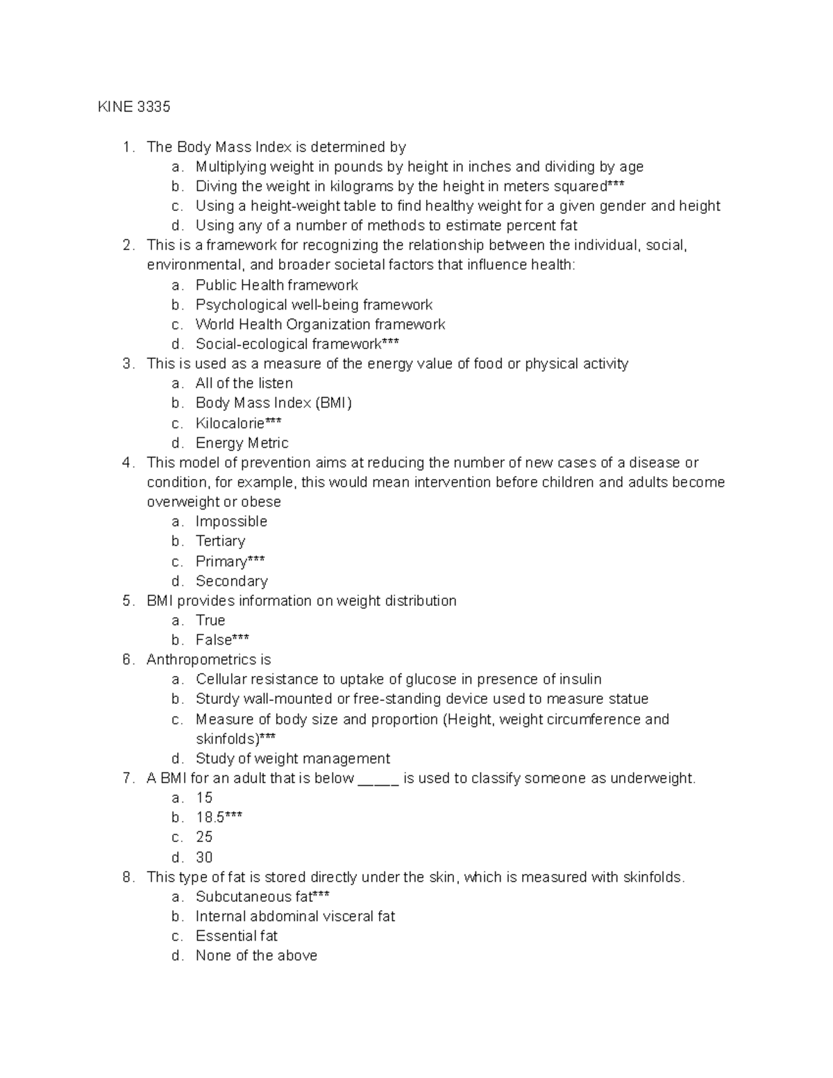 KINE 3335 Test Q&A - Test 1 Review - KIN 353 - SFA - Studocu