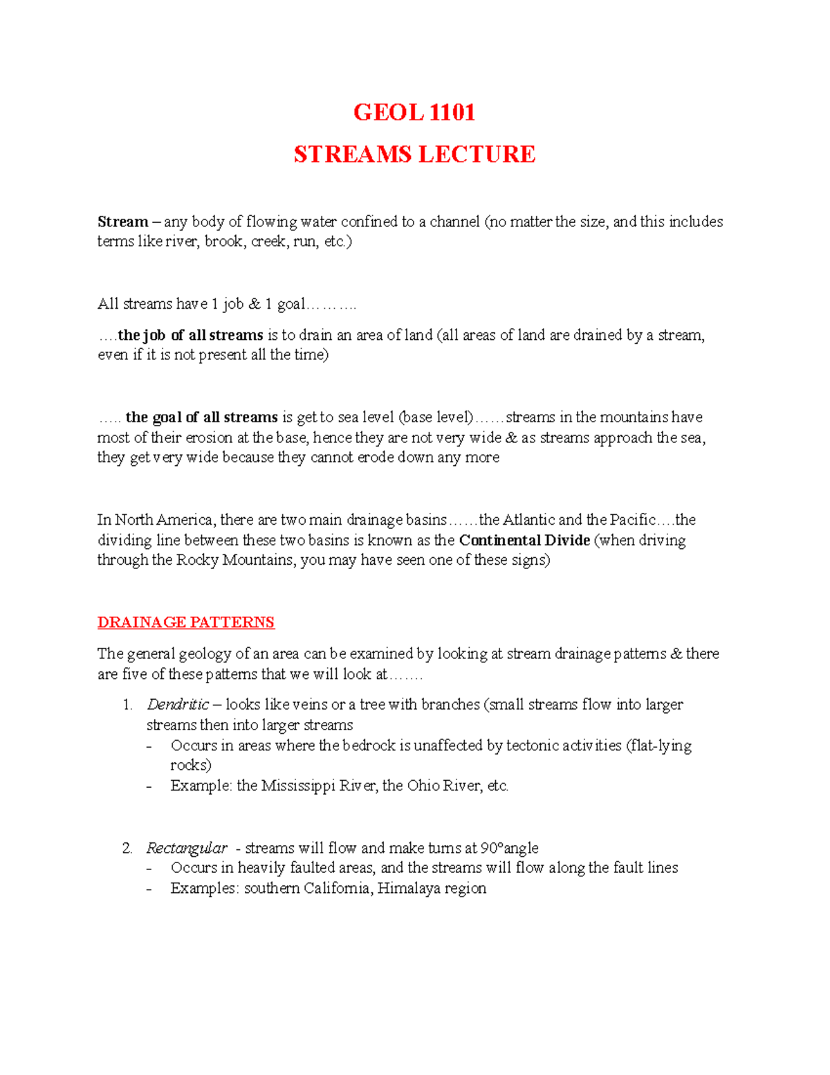 Streams notes(4) - Lecture notes 6-9 - GEOL 1101 STREAMS LECTURE Stream ...