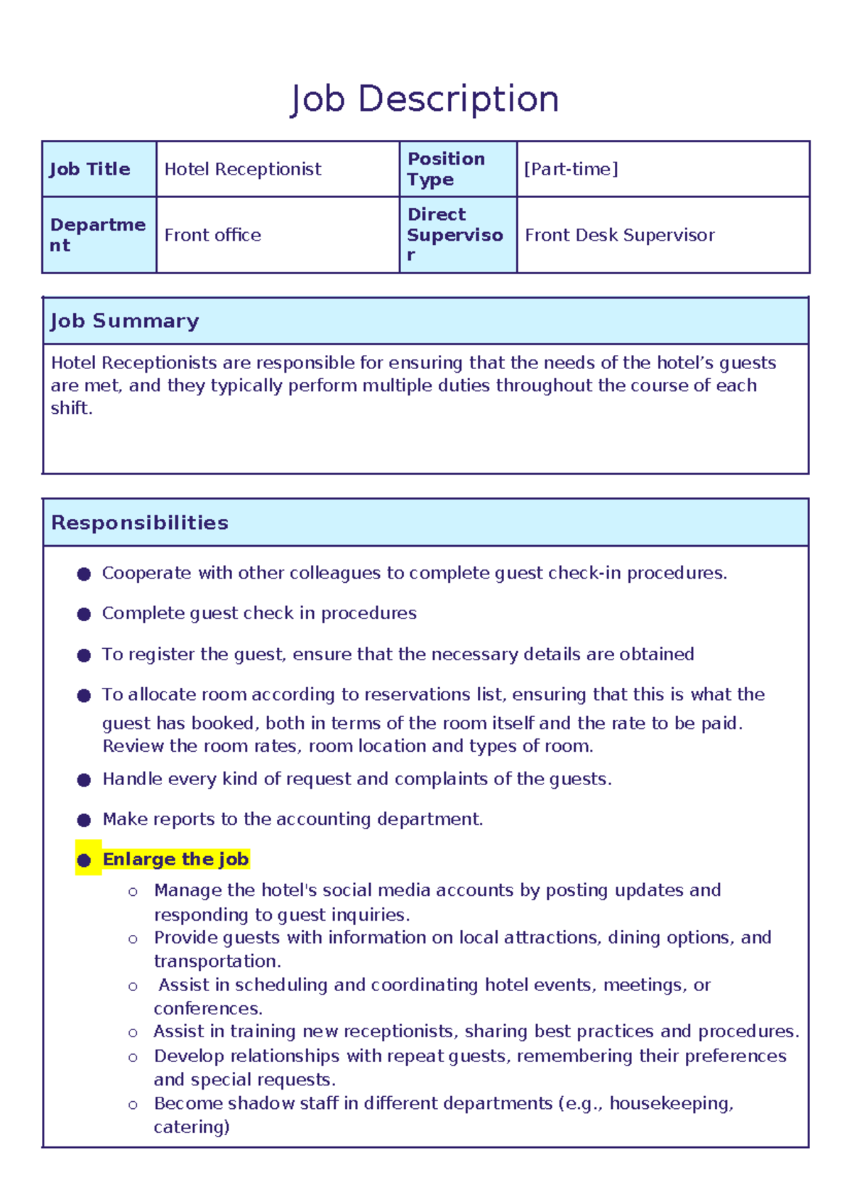 JD- Nhóm 12 - qừqwrqwr - Job Description Job Title Hotel Receptionist ...