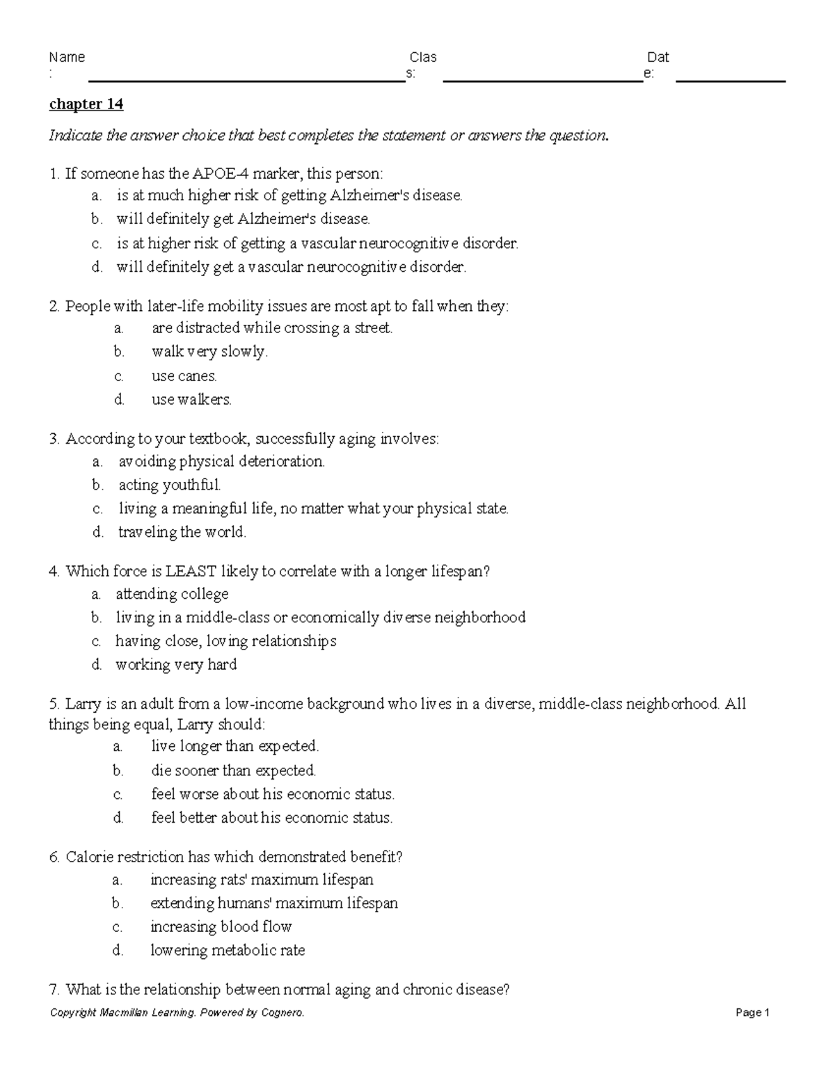 Chapter 14 - Study Guide - : S: E: Chapter 14 Indicate The Answer ...