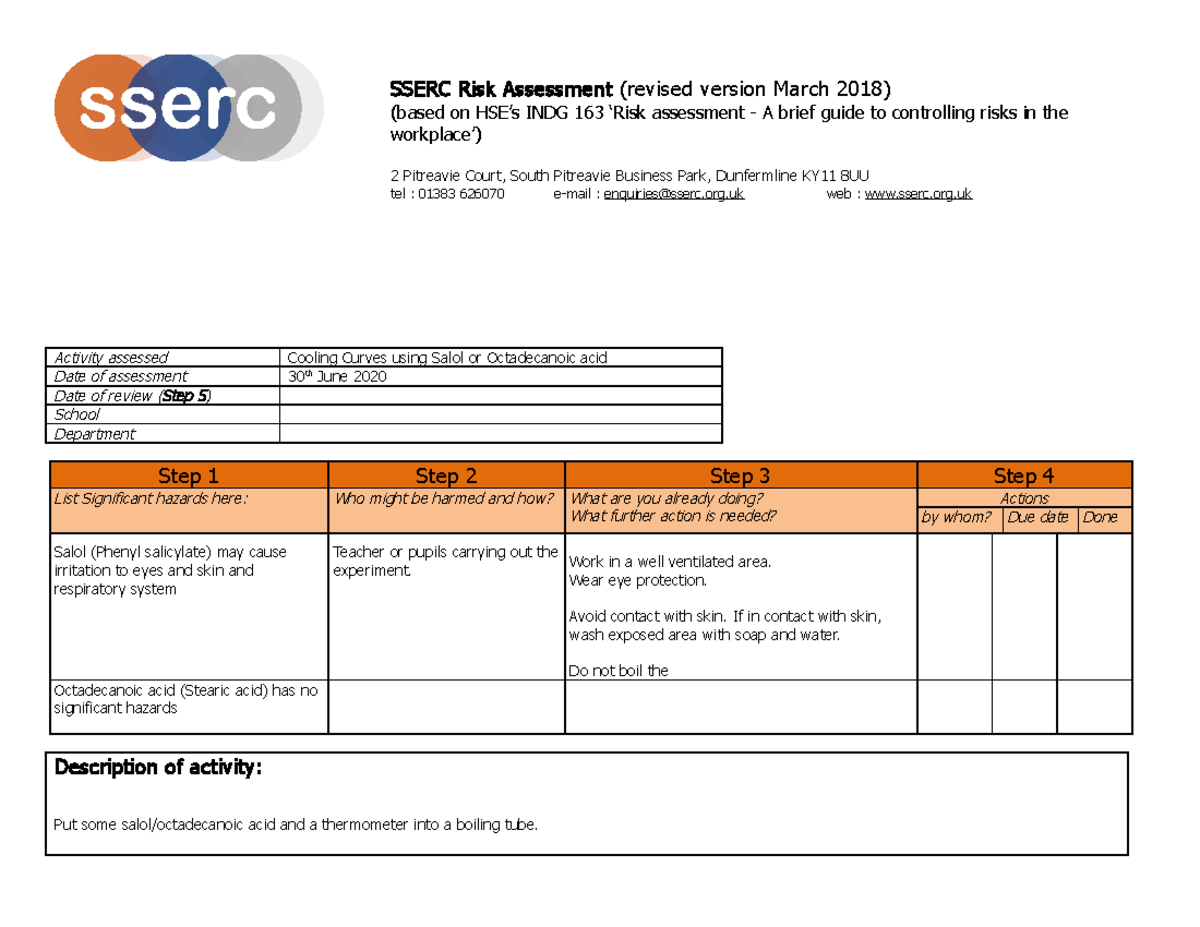 Cooling Curves Risk Assessment Activity assessed Cooling Curves using