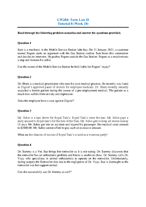 LW204 Tutorial 2 - For educational purposes only. - LW204: Torts Law II ...