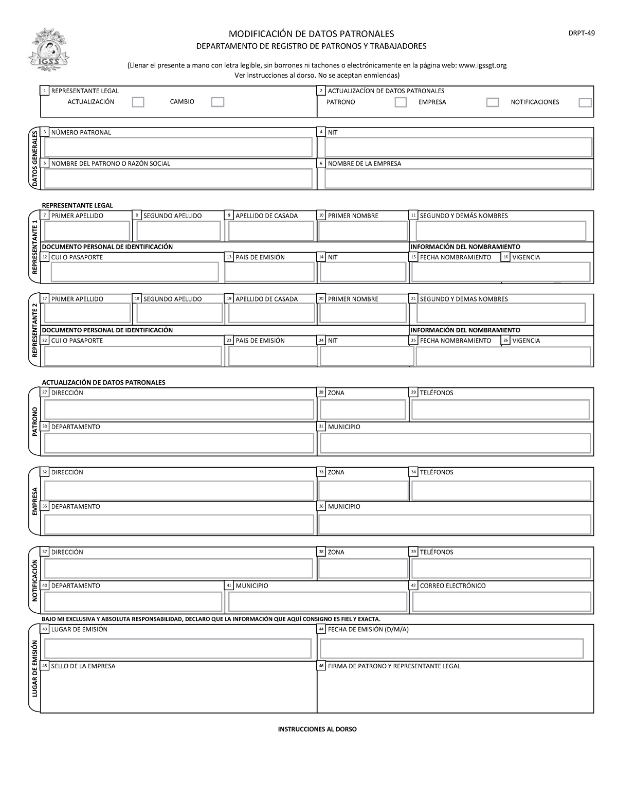 Formulario DRPT 49 IGSS Rev 2023 - MODIFICACI”N DE DATOS PATRONALES ...