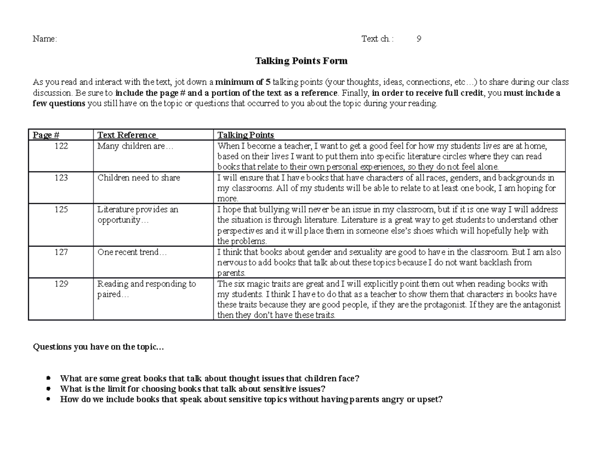 Talking Points 9 - Name: Text ch.: 9 Talking Points Form As you read ...