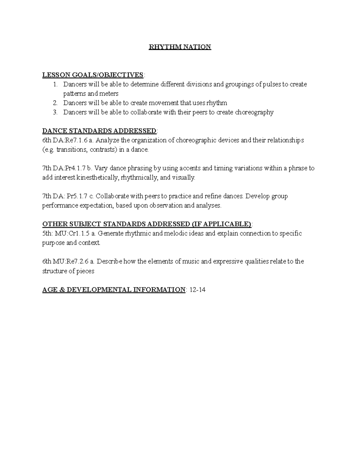 Rhythm Lesson Plan - RHYTHM NATION LESSON GOALS/OBJECTIVES: Dancers ...