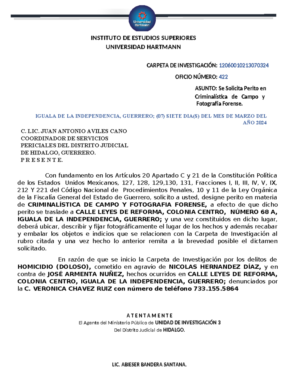 Oficio DE Dictamen - Con fundamento en los Artículos 20 Apartado C y 21