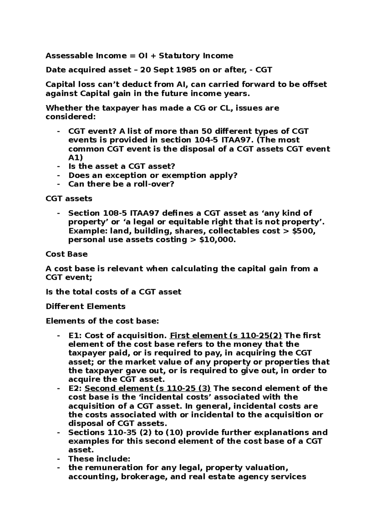 Topic 4 - Assessable Income = OI + Statutory Income Date acquired asset ...