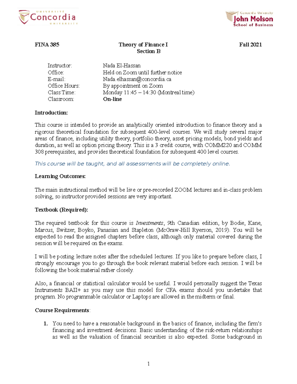 Course Outline-FINA385-Sec B - FINA 385 Theory of Finance I Fall 2021 ...