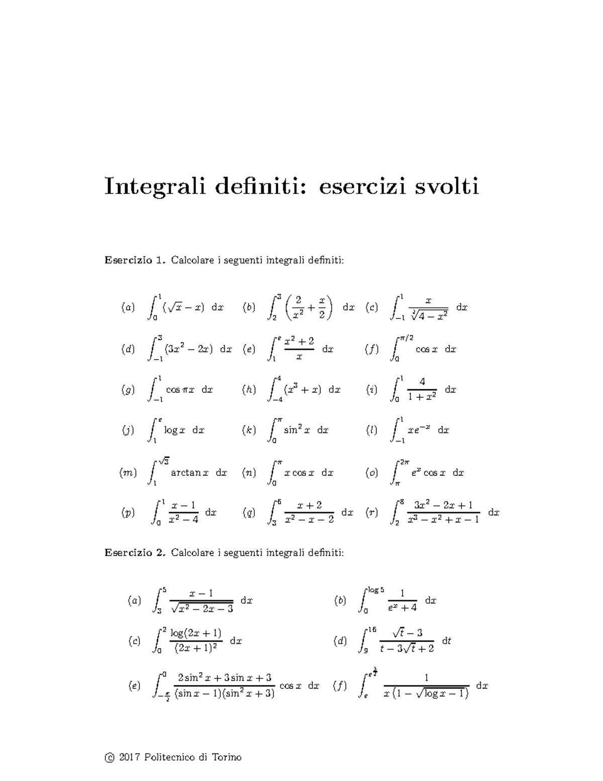 Esercizi Svolti - Integrali - Esercizio 1 I Seguenti Integrali Definiti ...